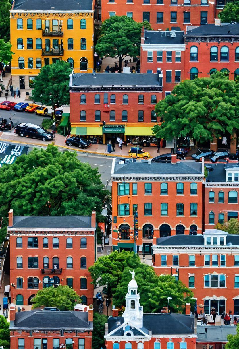 A vibrant collage featuring iconic landmarks of Somerville, including the famous Davis Square and Union Square with lush greenery. Overlay traditional cultural elements like local festivals and artisan markets, infused with diverse community interactions. Highlight historical architecture alongside modern art installations, showcasing the unique blend of old and new. Bright colors and an inviting atmosphere evoke a sense of discovery and warmth. super-realistic. vibrant colors. white background.