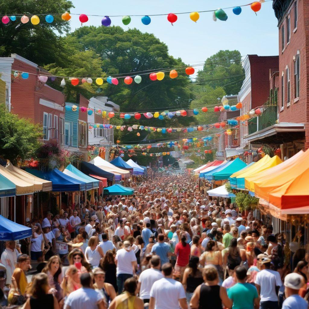 A vibrant street scene during a lively festival in Somerville, featuring colorful decorations, joyful crowds, food stalls, and local performers showcasing their talents. Incorporate iconic landmarks of Somerville in the background and the festive spirit of music and dance in the foreground. Capture the excitement of community gatherings and the diversity of attendees. bright colors. super-realistic. festive atmosphere.