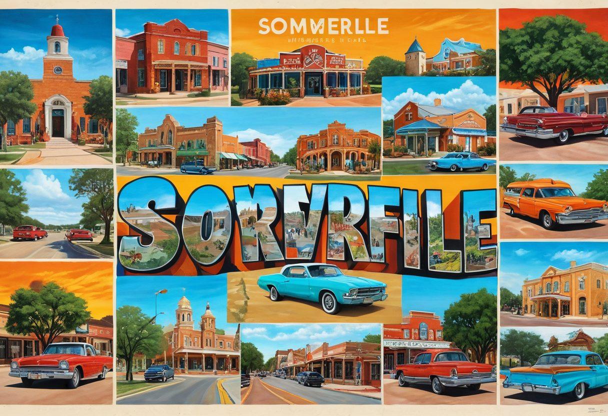 A vibrant collage showcasing the essence of Somerville, Texas. Include iconic local landmarks, lively festivals, families enjoying outdoor activities, and rich cultural elements like art and music. Use a warm color palette to convey a welcoming atmosphere. super-realistic. vibrant colors. 3D.